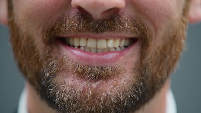 Cropped view half face of bearded business man smiling with healthy white teeth. Close up unrecognizable businessman male client guy smile toothy satisfied posing health medicine concept dentistry