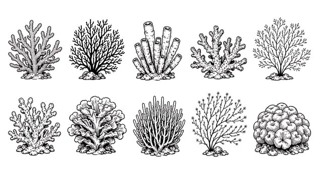 Black and white ink style hand drawn coral reef specimens for aquatic design art