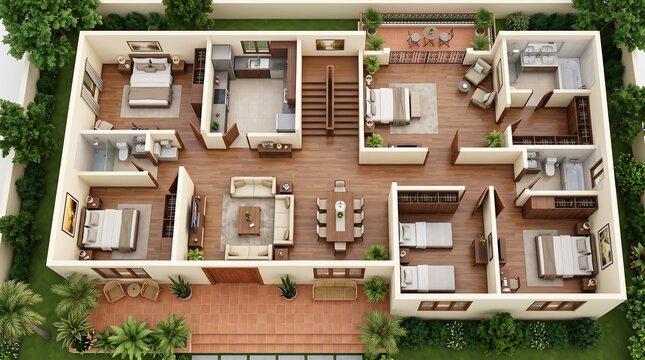 Modern luxury open-plan apartment floor plan with furniture layout and natural lighting design