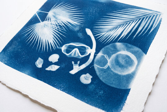 Cyanotype beach scene with snorkeling gear palm leaves and shells