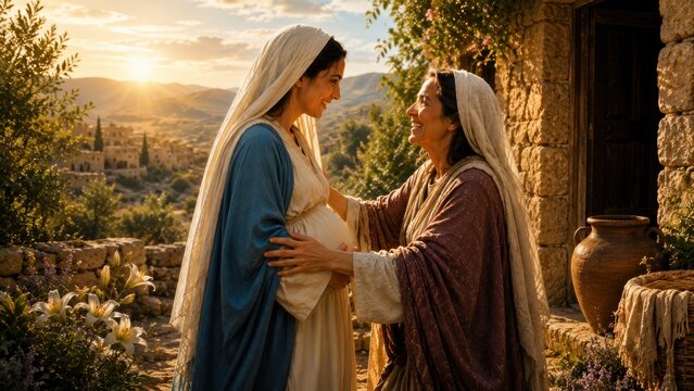 Virgin Mary Visits Elizabeth &ndash; Biblical Visitation Scene from the Gospel of Luke