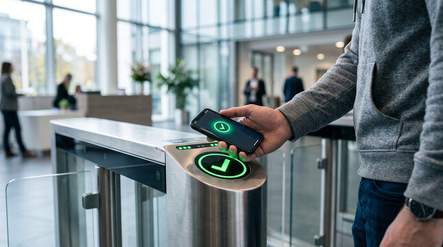 Man using mobile phone for contactless entry at modern stainless steel turnstile gate in office lobby during bright daytime with green verified checkmark status icon