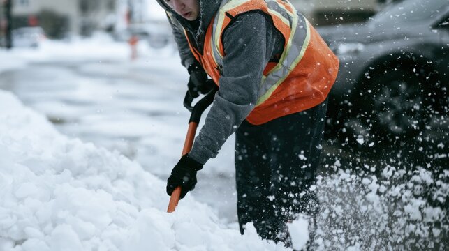 Worker shovels snow in city street during winter while wearing bright vest
