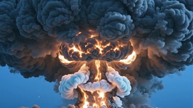 Cinematic wide shot of a massive nuclear explosion creating a brilliant blue mushroom cloud