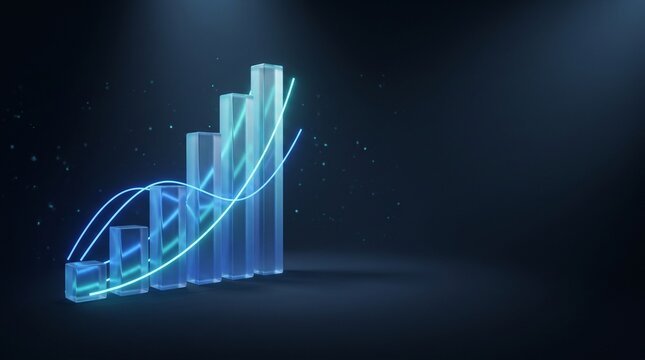 Abstract Financial Growth Background with Glowing Blue and Cyan Ascending Bars, Digital Investment Trends, Business Success, Wealth and Modern Finance Concept