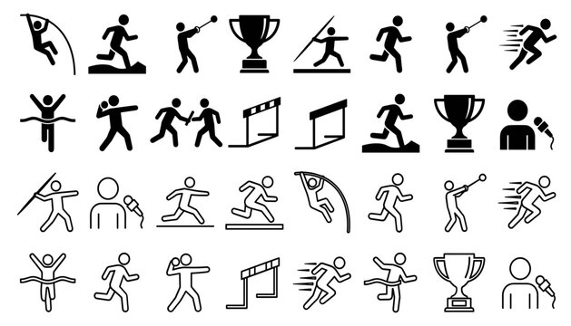 Track and field athletics icon set featuring running javelin hurdle pole vault black silhouette and outline stick figures