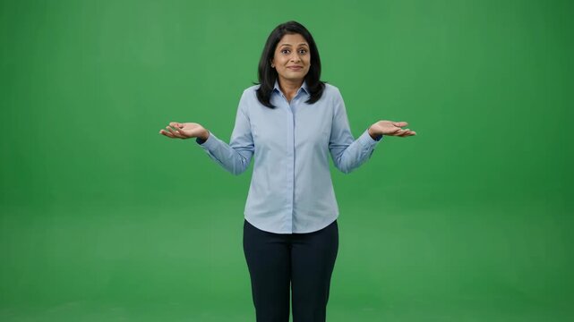 Uncertain Indian woman shrugging with open palms, expressing confusion or doubt on a green screen.