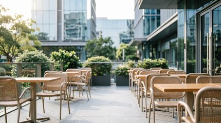 Fototapeta premium Modern Outdoor Café Terrace with Wooden Tables and Wicker Chairs for Urban Lifestyle
