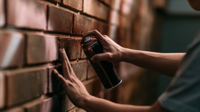 Artist creates graffiti on a brick wall using a spray can during daylight