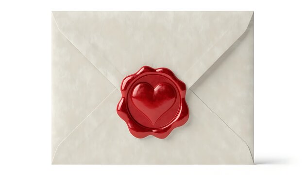 Closed light beige envelope with a red wax seal featuring a heart symbol for romantic mail.
