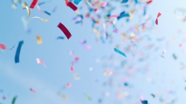 Colorful confetti falls from the sky during a celebration on a sunny day