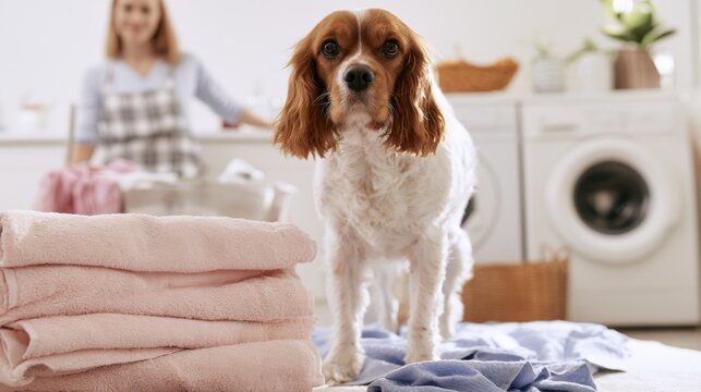 A dog stands on a pile of clothes near a woman folding laundry in a bright room