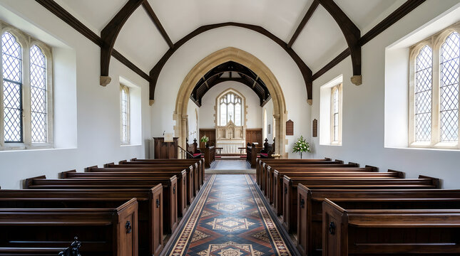 Traditional English church interior with wooden pews | Historic stone church nave and altar view | Religious architecture with vaulted timber ceiling