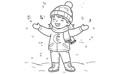 Happy child enjoys a winter day with falling snow wearing warm clothes and a joyful expression