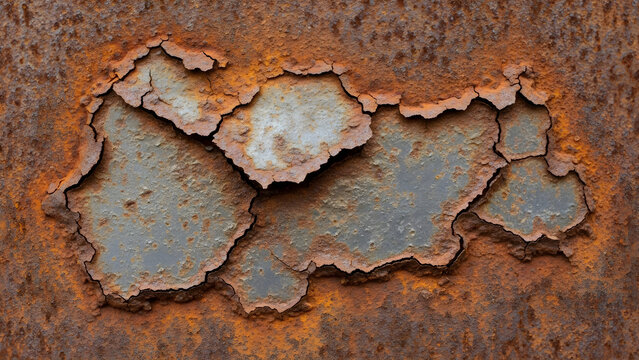 Close up macro texture of heavily corroded metal surface with peeling paint layers and weathered iron oxidation patterns for background design