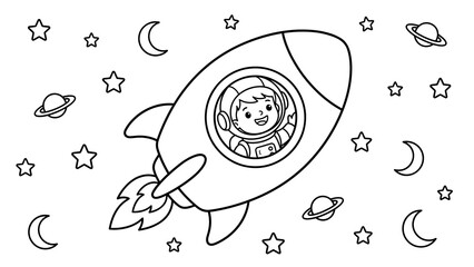 A delightful coloring page featuring a cheerful child astronaut exploring the wonders of space in a rocket ship © Jihuuu