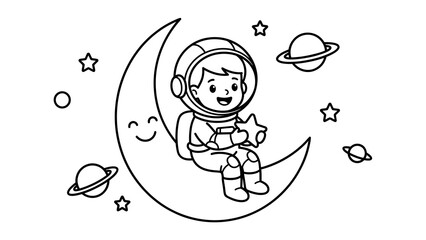 Cute child astronaut coloring page featuring a happy little space explorer sitting on a smiling crescent moon