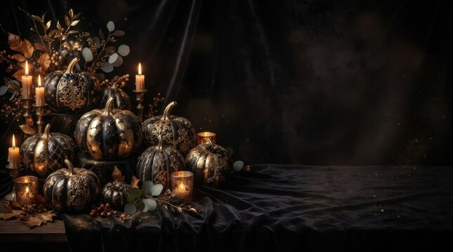 Metallic Black Pumpkins with Candles Corner Setting