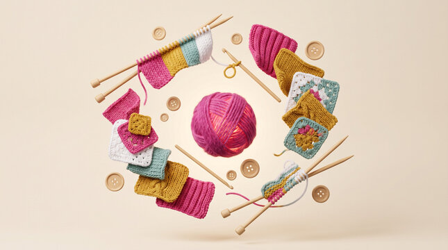 a pink ball of yarn surrounded by knitting needles, crochet swatches, and wooden buttons arranged in a circle.