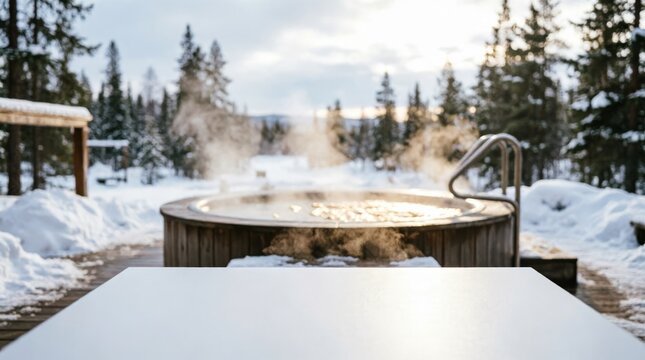 Snowy Outdoor Hot Tub with Steam and Pine Trees for Relaxation Concept