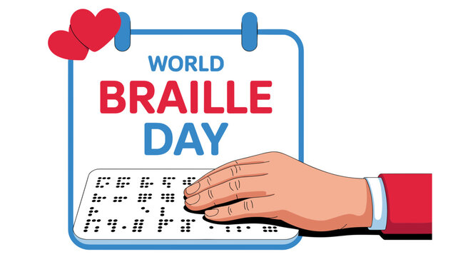 Braille day featuring a hand touching braille text on a calendar background, date