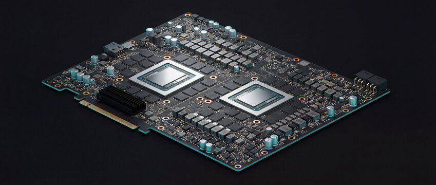 Circuit board with dual processors and electronic components on dark background, showcasing high performance hardware for artificial intelligence computing server systems