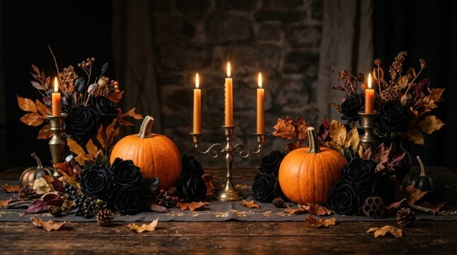 Orange Pumpkins and Candlesticks Still Life Setup