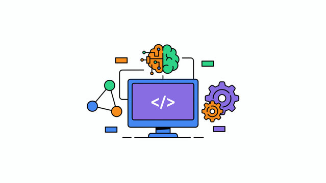 Artificial intelligence software development vector, computer coding and neural network brain icon, machine learning technology concept