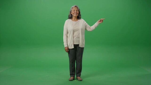 Happy senior woman pointing right on a green screen, full body shot.