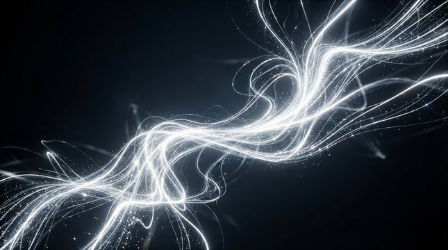 Abstract luminous energy waves flowing with light particles against dark background