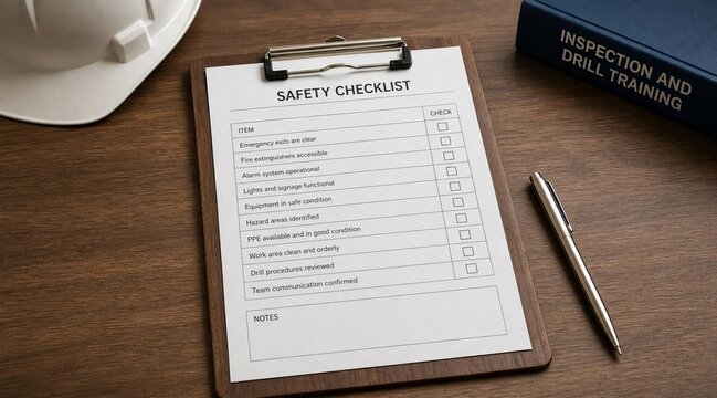 Workplace Safety Checklist Document on a Wooden Desk with Hard Hat.