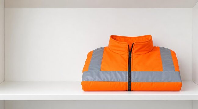 Bright orange high visibility safety jacket folded on a white shelf.