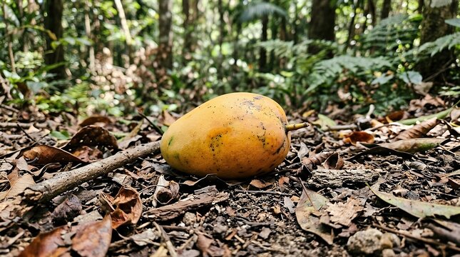 Single mature tropical drupe resting among dry soil and fallen organic debris in a natural outdoor setting coconut ground soil grass sand natural tropical nature fall fell drop fruit nut shell brown