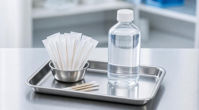 Medical Supplies and Sterile Water Bottle on a Stainless Steel Tray.