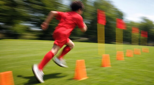 Young Soccer Player Speed Training with Cones on Grass Field.