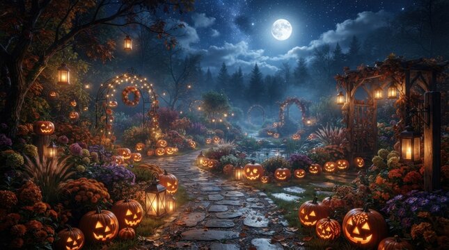Stone Pathway Through Spooky Forest with Pumpkins