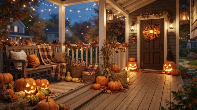 Cozy Porch Deck Decorated for Halloween Evening