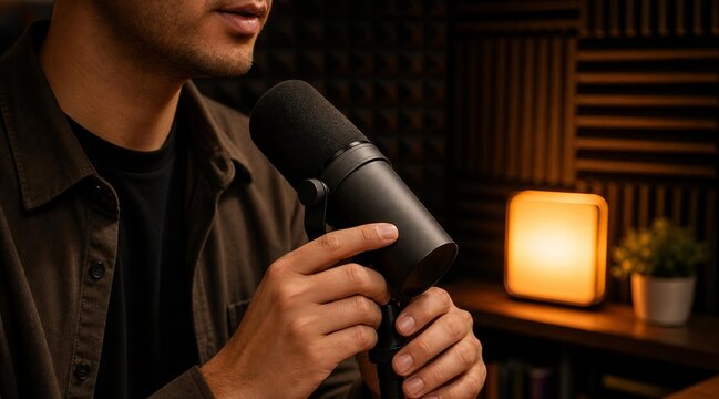 Young man podcasting in a professional home recording studio.
