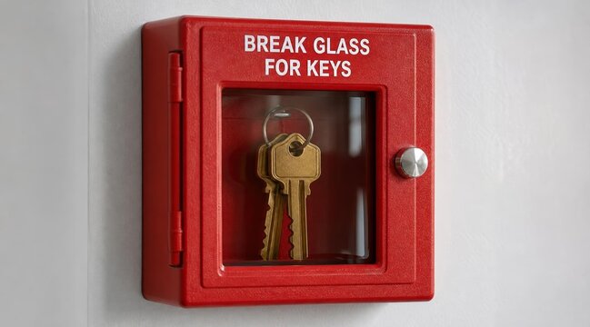 Red Emergency Key Box With Glass Front Mounted On A White Wall.