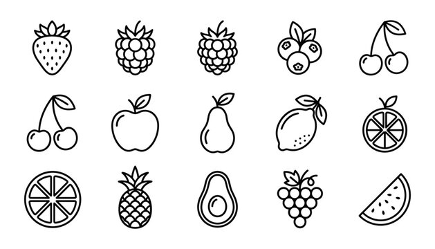 Fresh fruit line icon set containing strawberry raspberry blueberry cherry apple pear lemon orange pineapple avocado grapes watermelon vector.