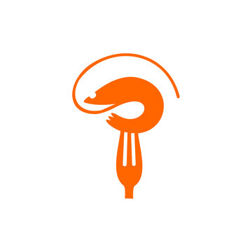 A minimalist orange vector logo combining a curved shrimp shape with a fork underneath, set against a solid white background.
