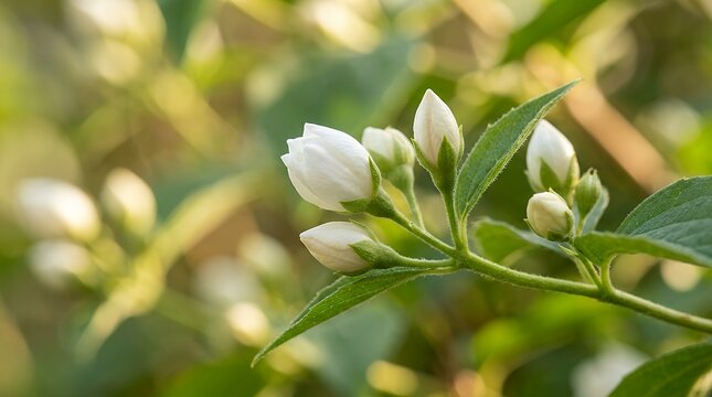 Detailed macro view of delicate white jasmine blossoms on a fresh green stem preparing to open in a sunlit garden with smooth bokeh background jasmine flower bud blossom bloom white green stem macro