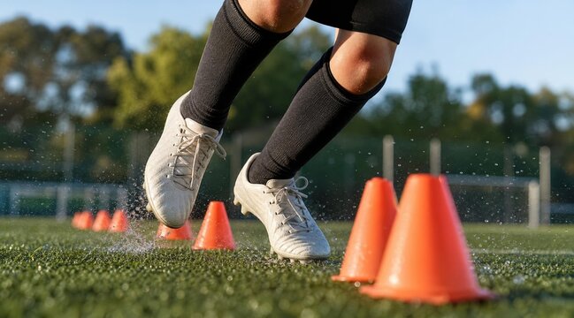 Soccer player training with agility cones on grass field.
