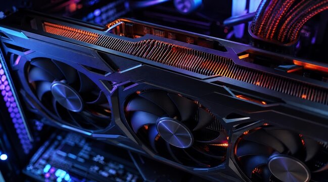 Close-up of a high-performance graphics card inside a gaming computer with vibrant RGB lighting.