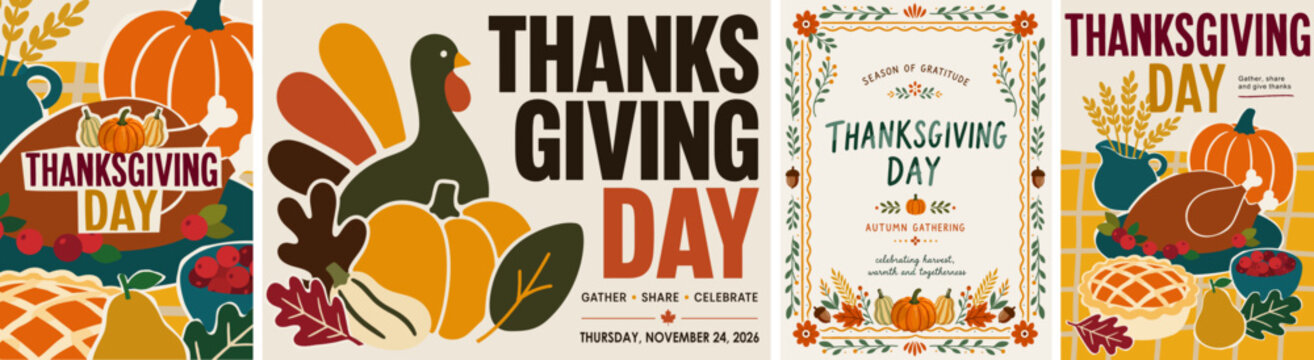 Thanksgiving Day 2026. Vector autumn illustration of a festive table, turkey, pumpkin, pie, harvest decorations, frame, leaves, zucchini for invitation, greeting card, poster, banner and background