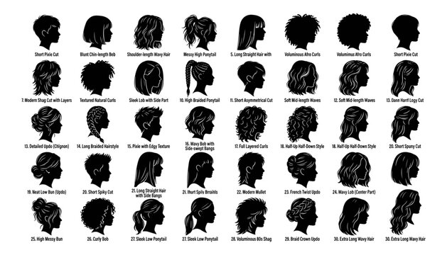 Women side profile head silhouette vector icons set featuring diverse hair styles cuts buns curls braids and ponytails
