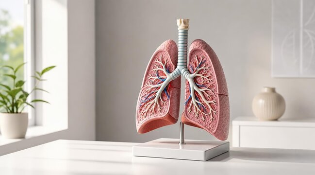 Anatomical model of human lungs on a medical office desk.