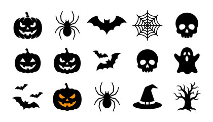 Fototapeta premium Halloween black flat silhouette element collection featuring spooky pumpkins skulls ghosts bats spiders and dead tree