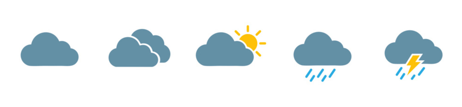 Weather icon set with cloudy, rainy and thunderstorm symbols. Colored Weather condition graphics for forecast apps, websites and weather widgets