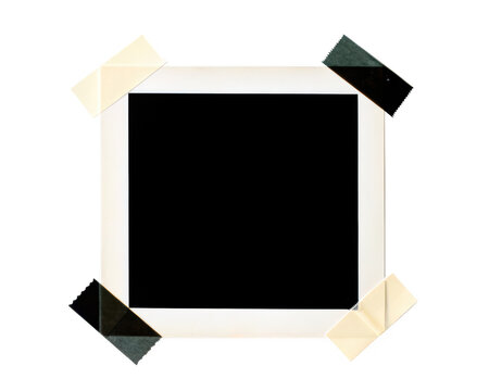 A plain white square frame border attached with four pieces of adhesive tape at the corners, isolated on a white background, for display isolated on a transparent background